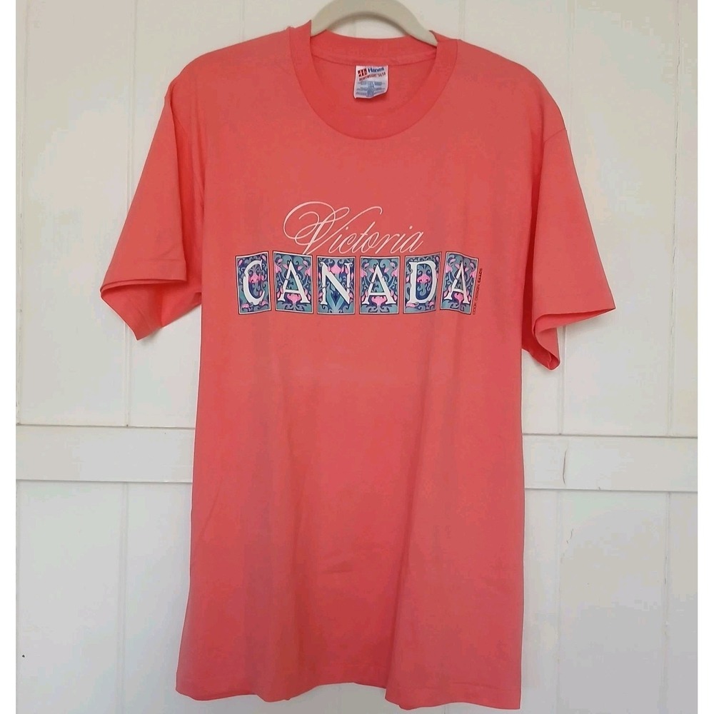 Vintage 90s T-Shirt Single-Stitch Victoria Canada Adult Large Pink Cotton Cook